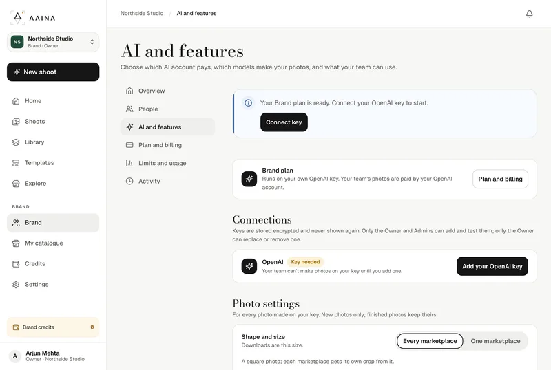 The AI page of a brand: the connected OpenAI key and where each feature runs