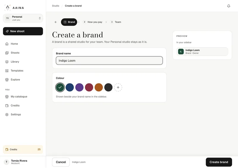 Create a brand: the Brand name field, a choice of colours and a preview of the brand in the sidebar
