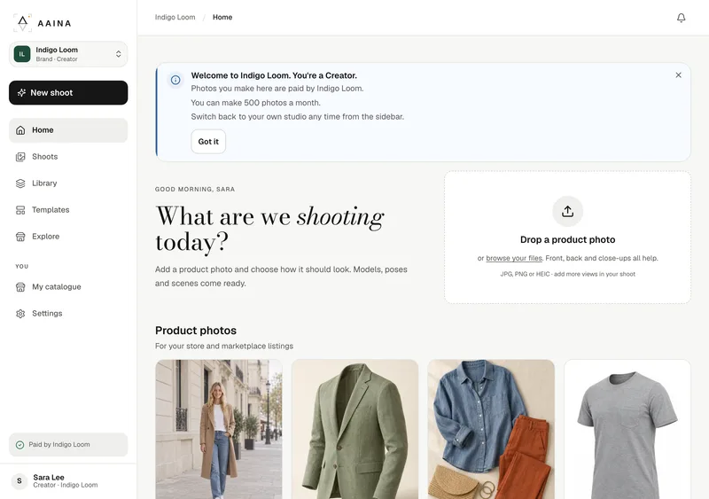Home inside a brand for a Creator: Welcome to Indigo Loom, You're a Creator, and Paid by Indigo Loom in the sidebar