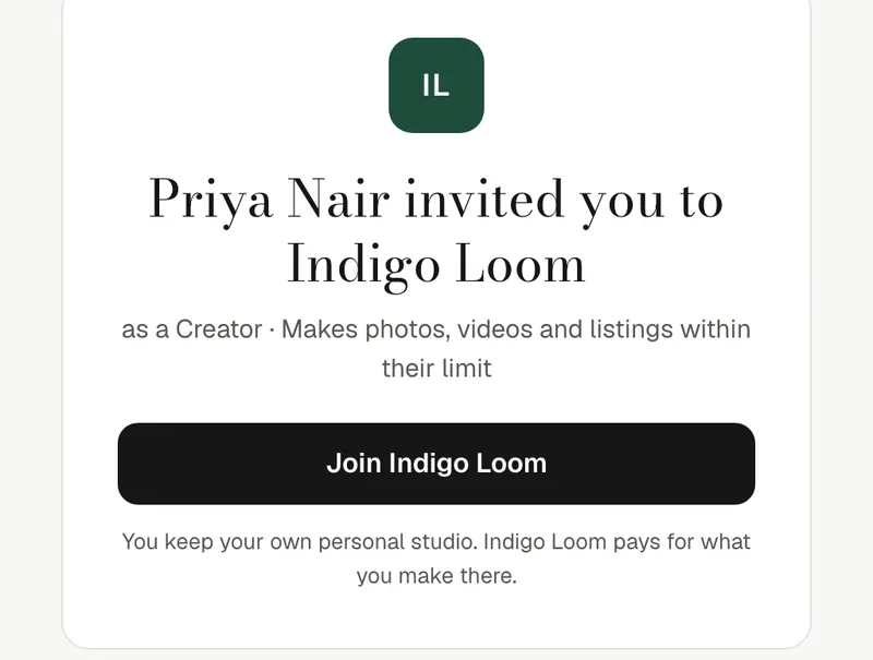 The invite page: Priya Nair invited you to Indigo Loom as a Creator, with Join Indigo Loom