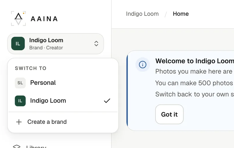 The studio menu in the A Pose Studio sidebar: Personal, a brand with your role, and Create a brand