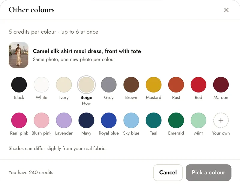 Other colours window: 5 credits per colour, up to 6 at once, 19 colour swatches plus Your own, and the note that shades can differ slightly from your real fabric