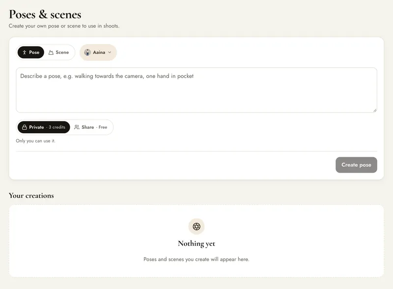 Poses & scenes page: choose Pose or Backdrop, the model, describe it, and choose to keep it private or share it