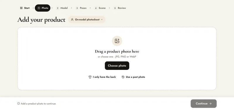 Create, Add your product: Drag a product photo here, Choose photo, I only have the back and Use a past photo, with Continue disabled