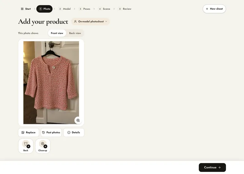 Create, Photo step with the phone photo of a coral knit top on a hanger added, marked Front view or Back view, with Replace, Past photos, Details and slots to add Back and Close-up photos