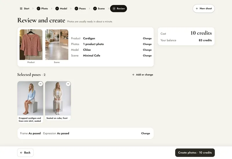 Review and create: the coral top, its photo, model Chloe, scene Minimal Cafe, two selected poses, the frame and expression line, Cost 10 credits with your balance, and the Create photos · 10 credits button