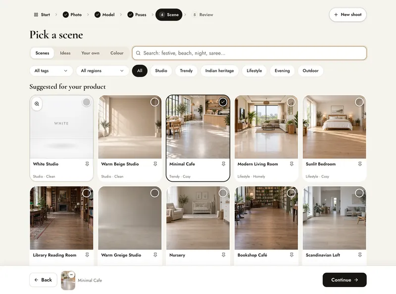 Pick a scene: tabs Scenes, Ideas, Your own and Colour, filters, shelves from Studio to Outdoor and Suggested for your product with White Studio first