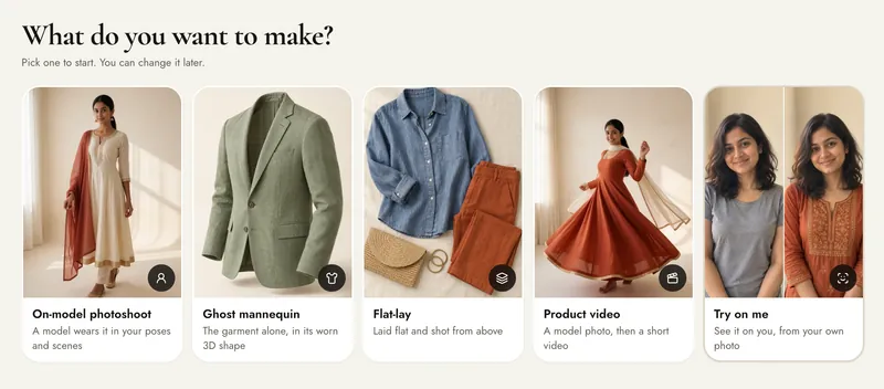 Create, What do you want to make: On-model photoshoot, Ghost mannequin, Flat-lay, Product video and Try on me