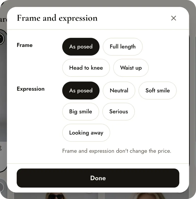 Frame and expression window with Frame and Expression choices and the note that they don't change the price