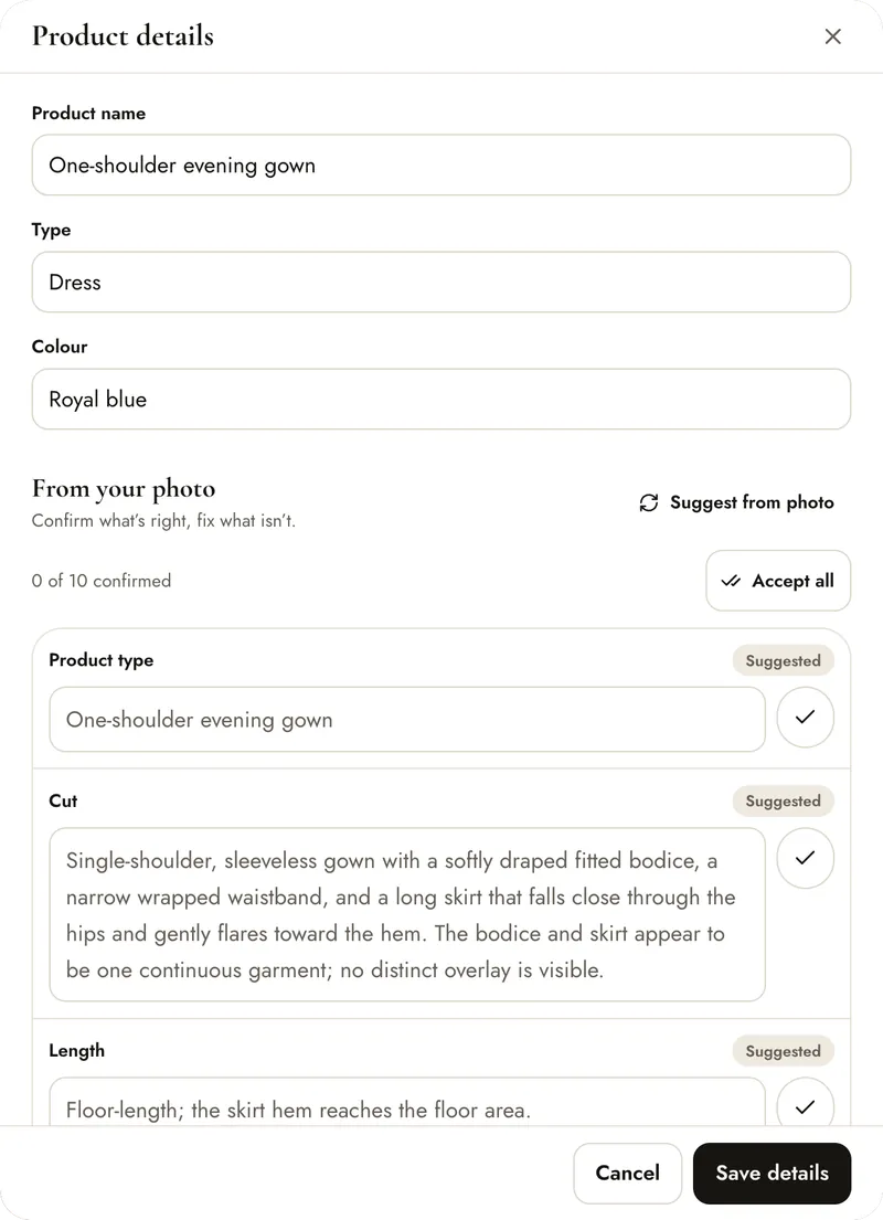 A garment's details page with its photos, saved details and shoots