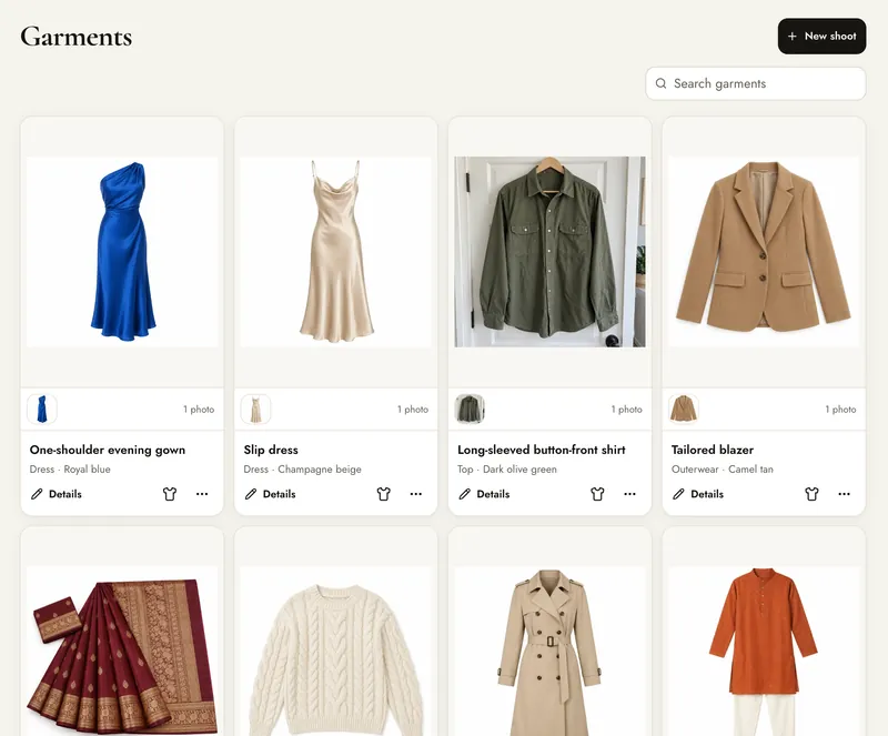 Garments page listing your saved products, with search