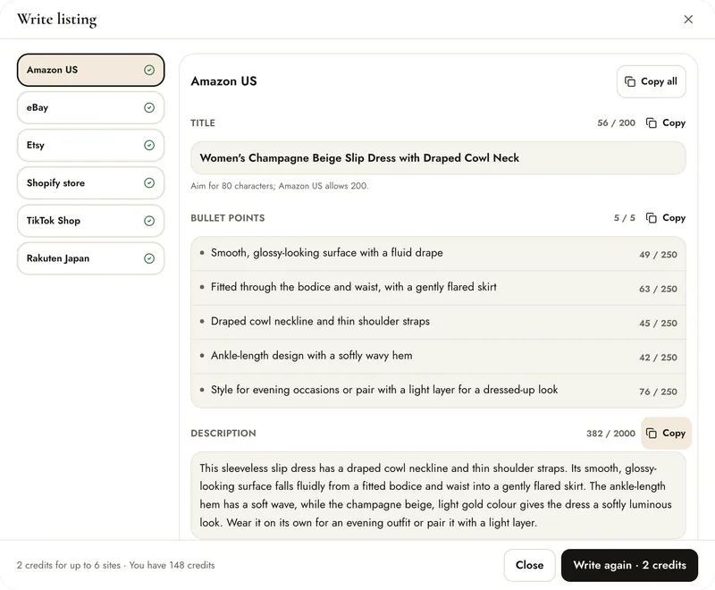 Write listing results for Amazon US with tabs for eBay, Etsy, Shopify store, TikTok Shop and Rakuten Japan, Copy all, a title with its count, five bullet points, a description, search terms with a byte count and Write again · 2 credits