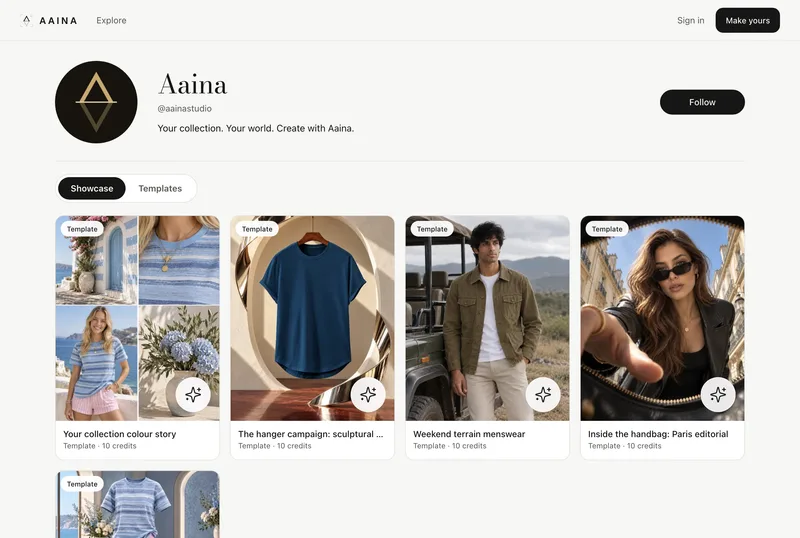 A Pose Studio's own Looks page: the profile with a Follow button, Showcase and Templates tabs, and template cards