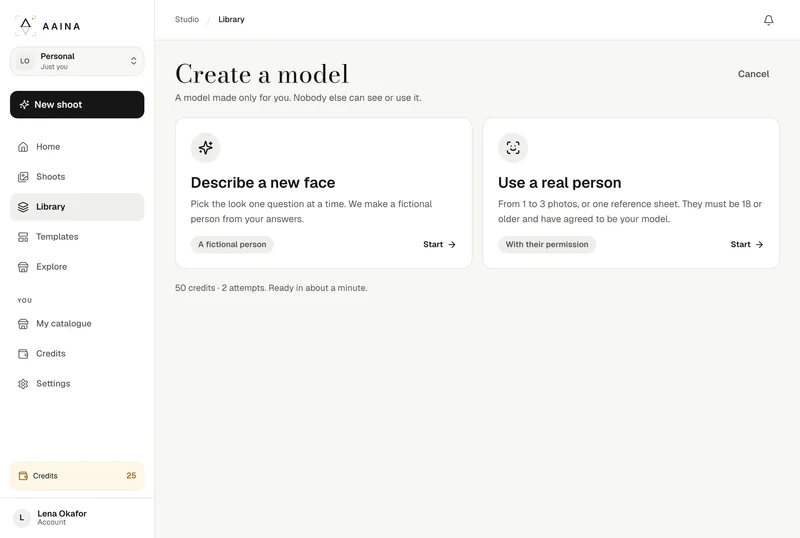 Create a model in the Library: describe a new face, or use photos of a real person