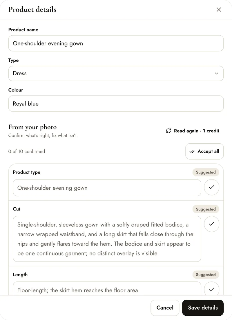 Product details dialog with suggestions to confirm