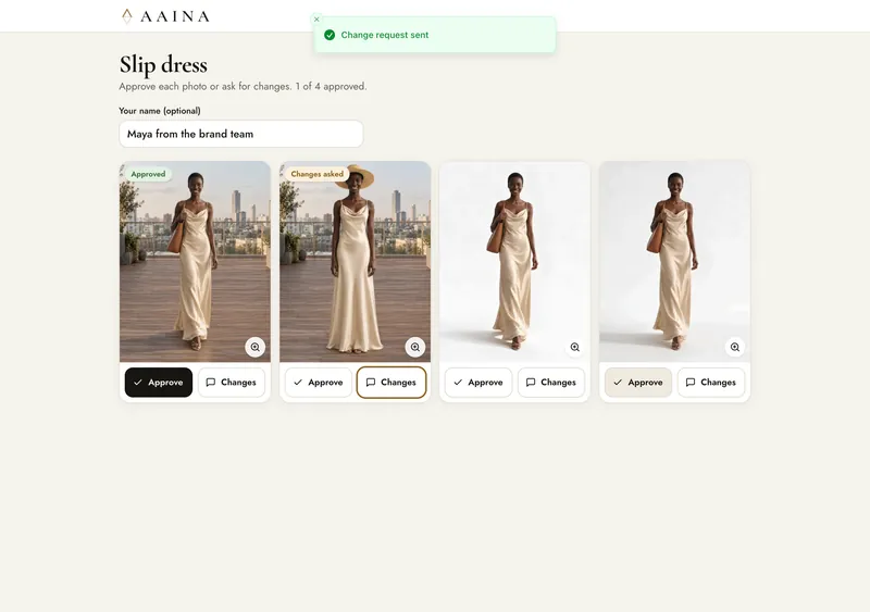 The approval page after replying: photo 1 marked Approved, photo 2 marked Changes asked, and a Change request sent message