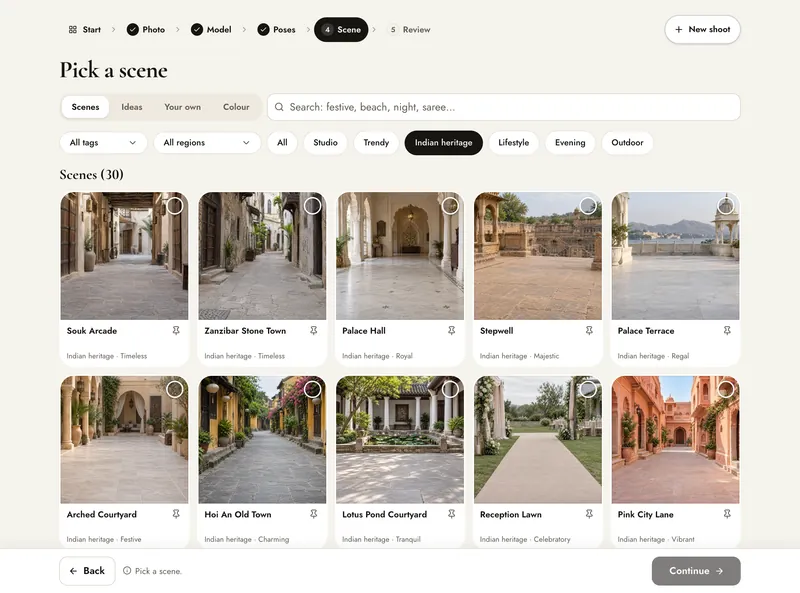 Scene step filtered to Indian heritage, showing 19 scenes