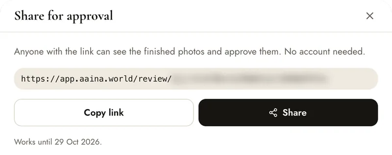 Share for approval with the link created (the end blurred), Copy link, Share and the date it stops working