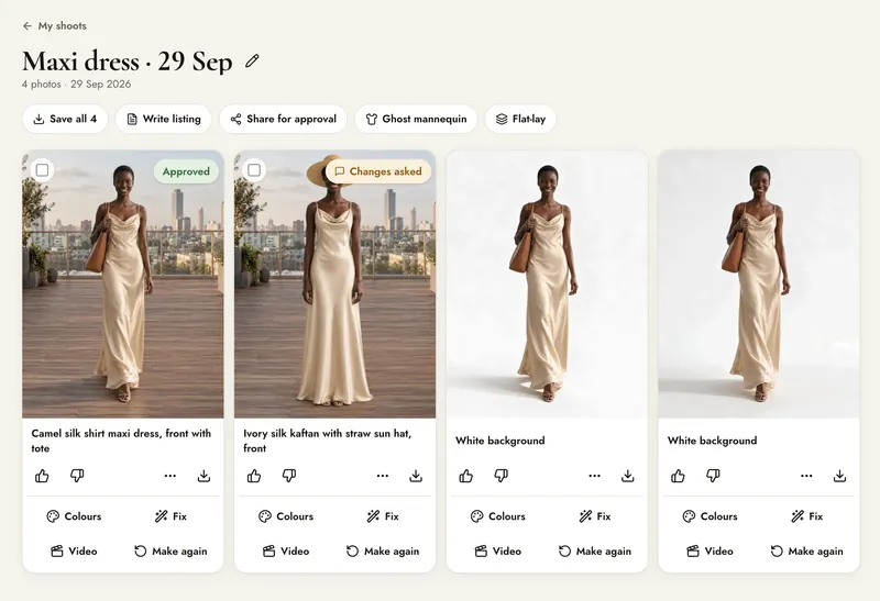 The shoot in A Pose Studio with an Approved badge on photo 1 and a Changes asked badge on photo 2