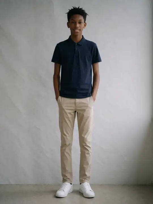 Amani in the pose Straight front, polo and chinos, hands in pockets
