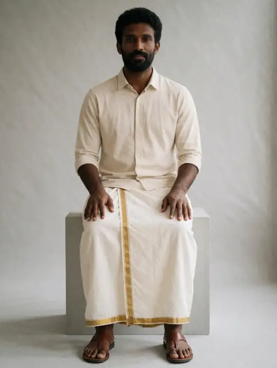 Arjun in the pose Cream shirt and mundu, seated on cube