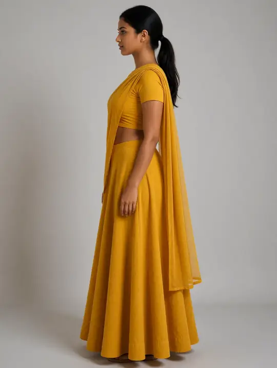 Aaina in the pose Lehenga, profile left