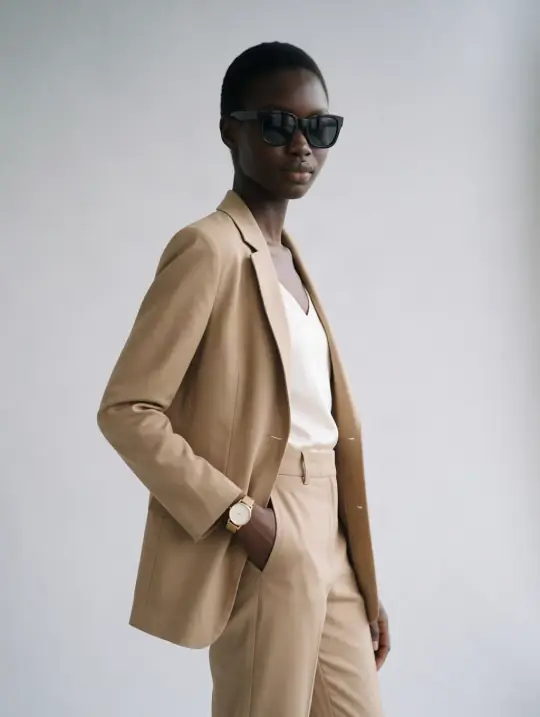 Nia in the pose Camel trouser suit, hand in pocket, three-quarter