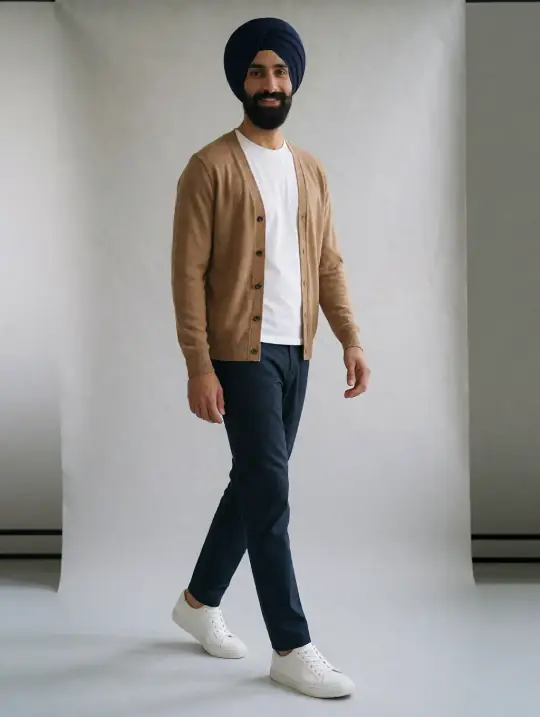 Harpreet, an A Pose Studio AI model: Sikh Punjabi, early 30s, turban and beard