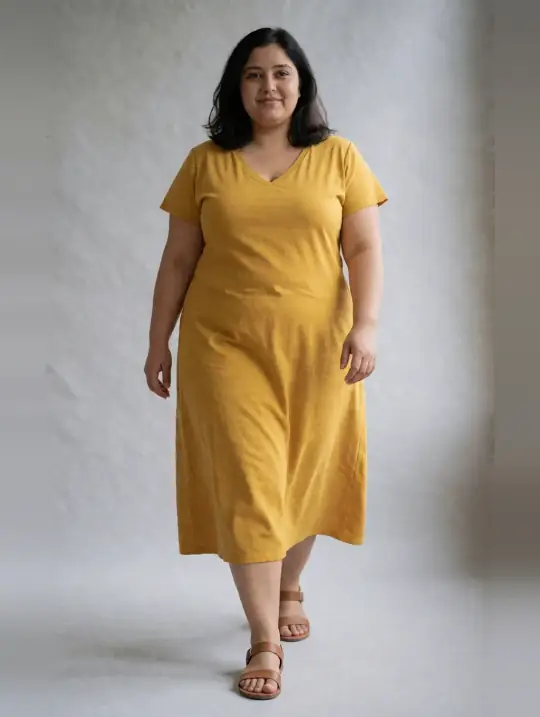 Kavya, an A Pose Studio AI model: Indian, mid 30s, plus size