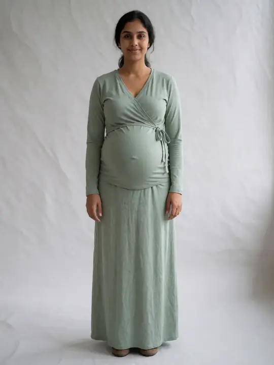 Nisha, an A Pose Studio AI model: Indian, about 30, pregnant