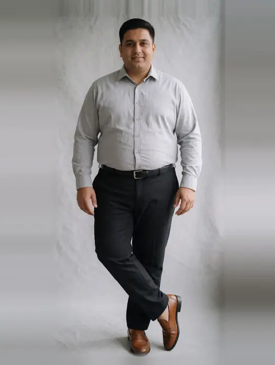 Rohit, an A Pose Studio AI model: Indian, late 30s, plus size