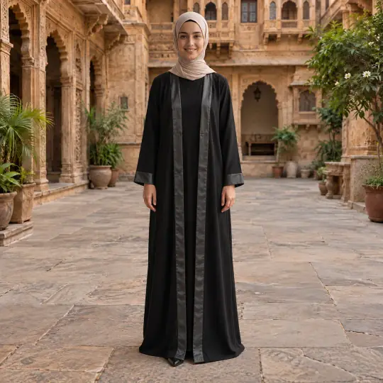 Layla, an A Pose Studio model, wearing the abaya in the Haveli Courtyard scene