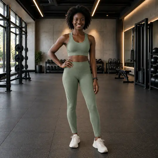 Adaeze, an A Pose Studio model, wearing or holding the activewear set in the Modern Gym scene