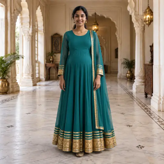 Nisha, an A Pose Studio model, wearing or holding the kurti in the Palace Hall scene