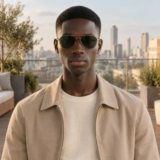 Malik, an A Pose Studio model, with men's sunglasses in the Golden Hour Rooftop scene
