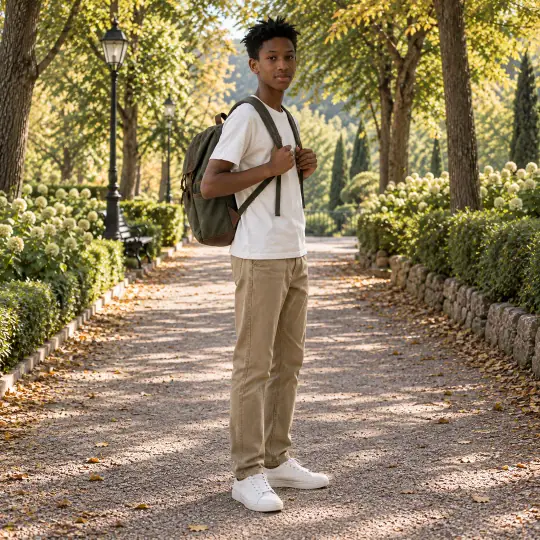 Amani, an A Pose Studio model, with men's bags in the Park Path scene