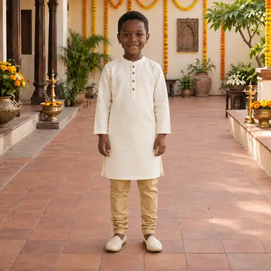 Jayden, an A Pose Studio model, wearing or holding the kids' outfit in the Marigold Festive Set scene