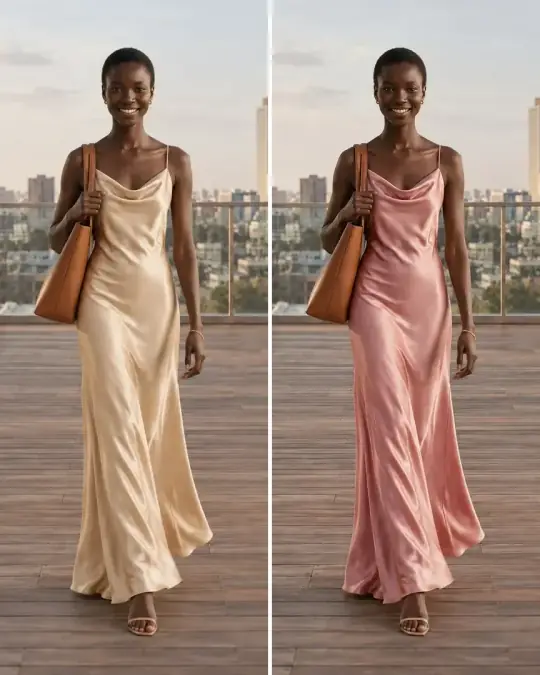 Other colours: the original champagne dress next to the blush pink version