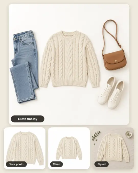 A sweater product photo with its clean, styled and outfit flat-lays