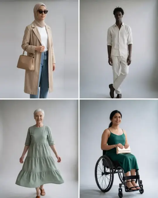 Four of the A Pose Studio studio models: Layla in a hijab, Kwame, Margaret with silver hair and Riya in her wheelchair