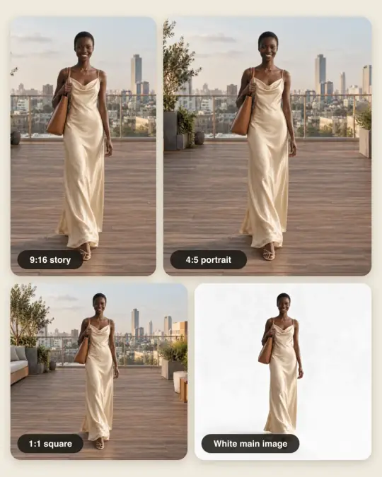 One photo of Camille cropped to 1:1, 4:5 and 9:16 for different marketplaces
