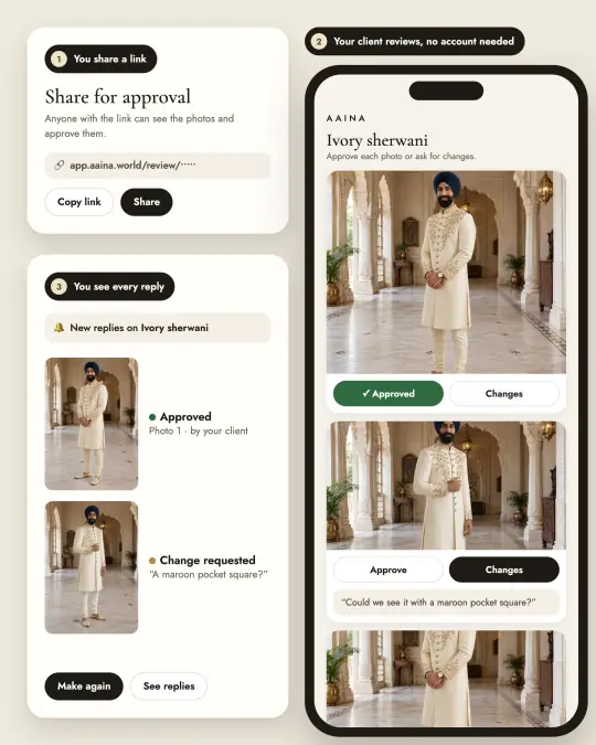 Share for approval in three steps: share a link, the client approves or asks for changes, you see every reply
