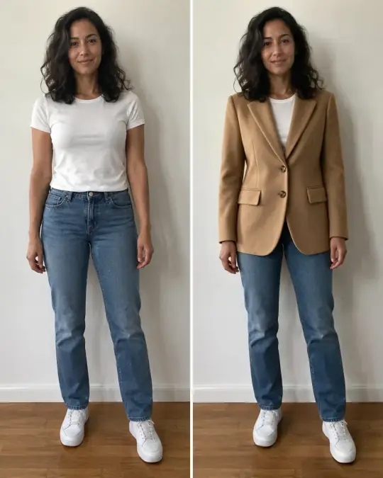 A woman's own photo next to her try-on wearing the camel blazer