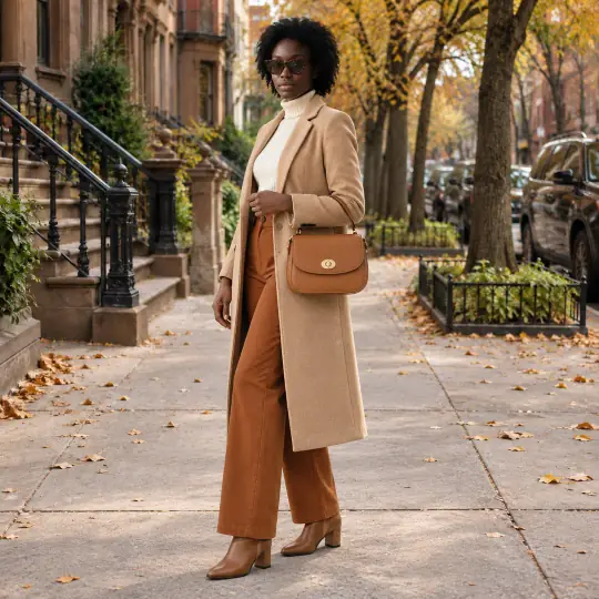 Adaeze, an A Pose Studio model, in the handbags example, Brownstone Street scene