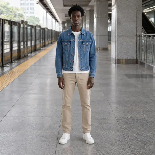 Kwame, an A Pose Studio model, wearing the denim jacket in the Metro Platform scene