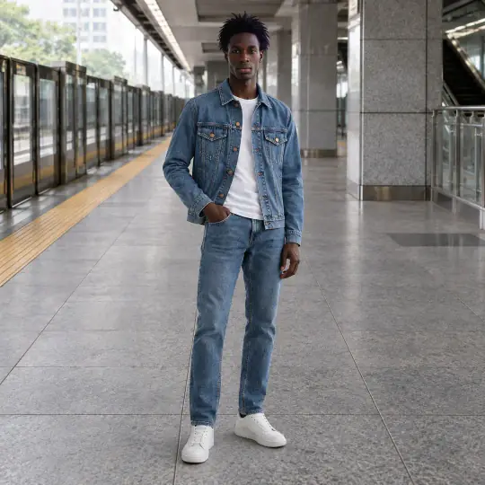 Kwame, an A Pose Studio model, wearing or holding the jeans or trousers in the Metro Platform scene
