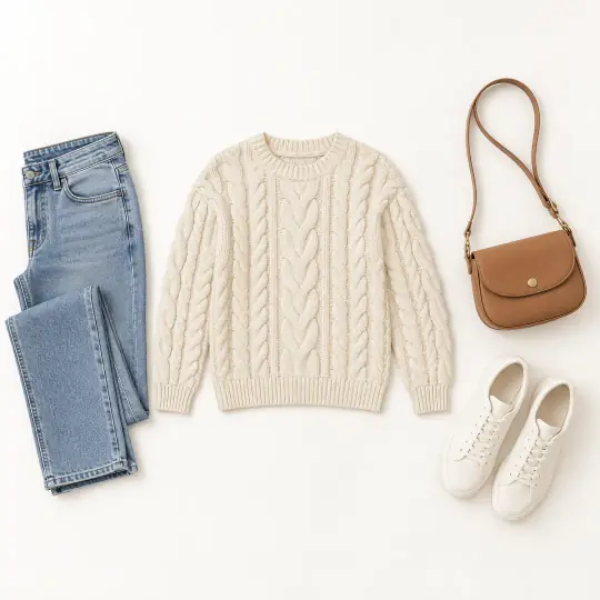 Outfit flat-lay of the cable-knit sweater, made in A Pose Studio