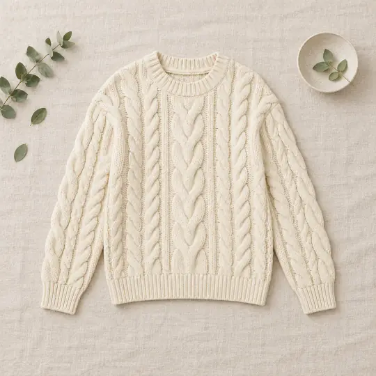 Styled flat-lay made in A Pose Studio: a cream cable-knit sweater on linen with eucalyptus
