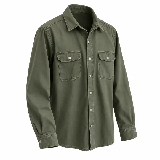 Ghost mannequin photo made in A Pose Studio: an olive overshirt alone in its worn 3D shape, three-quarter view, on white
