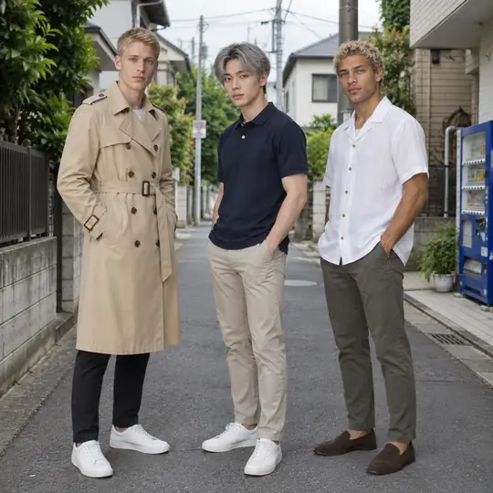 Made in A Pose Studio: Mikkel in a beige trench coat, Ji-ho in a navy polo and Thiago in a white linen shirt on a quiet Tokyo side street